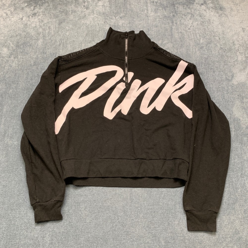 Victoria's Secret Pink Sweatshirt Womens XS Black Cropped Quarter Zip Pullover